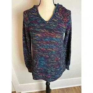 Eddie Bauer Knit Sweater Women's Size Medium Multicolor Striped Pocket Hoodie